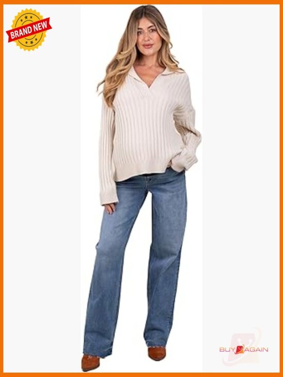 Denim - Vintage Wash Raw Hem Wide Leg Maternity Jeans Mid Rise Loose Fit Stretch Cotton